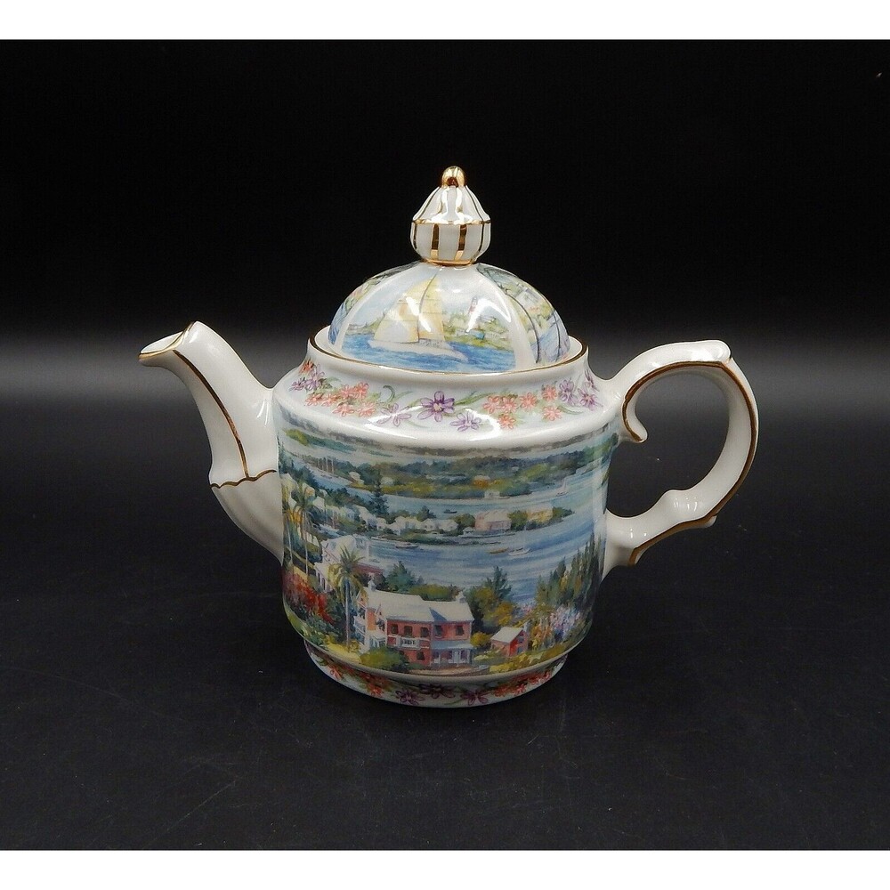 James Sadler Teapot Salt Kettle View Bermuda Sailboat Floral Gold